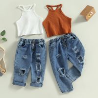 Toddler Baby Girls 2pcs Summer Pants Clothing Set Casual Kids Sleeveless Camisole Elastic Waist Ripped Jeans Children Outfit  by Hs2023