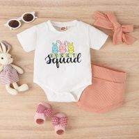 0-24 Months Baby Girls Easter Summer Set Short Sleeve Letters Bunny Print Romper Elastic Waist Shorts with Hairband 3PCS  by Hs2023