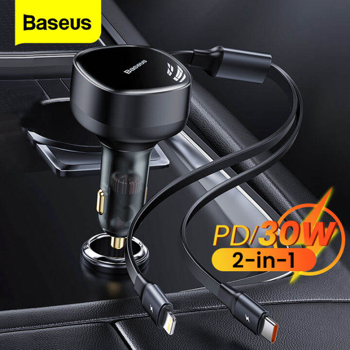 Baseus USB Car Charger Type C Quick Charge PD 30W Fast Car Charging Charger  For iPhone 14 13 12 Pro 2 in 1 With Retractable Cable 