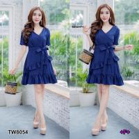 TW8054  Dress เดรสคอวีแต่งระบาย  ** สอบถามก่อนสั่งซื้อ **