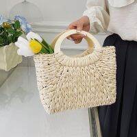 [COD] 2023 summer new foreign style straw bag ladies wooden handle paper embryo round bucket