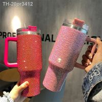 ✜♕◘ 20pr3412 Rhinestone Embellished Mug Luxo elegante com tampa alça Copo de palha Drinkware Thermos aço inoxidável a vácuo 40oz