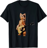 Cat Playing Acoustic Guitar Cool Premium O-Neck Cotton T Shirt Men Casual Short Sleeve Loose Tshirt Dropshipping