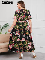 GIBSIE Plus Size V Neck Floral Print Boho Dress Women Summer Short Sleeve Maxi Dresses Holiday A-line Female Belted Dress