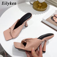 Eilyken 2021 New Summer Pleated Orange Women Slipper Fashion Slides Ladies Elegant Thin High Heel Outdoor Sandals Shoes