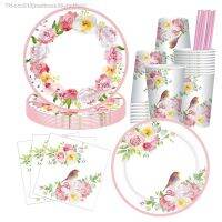 ❐✟ Pink Flower Disposable Tableware Set Rose Flower Garland Bird Plates Cups Bachelorette Party Wedding Girls Birthday Party Suppli
