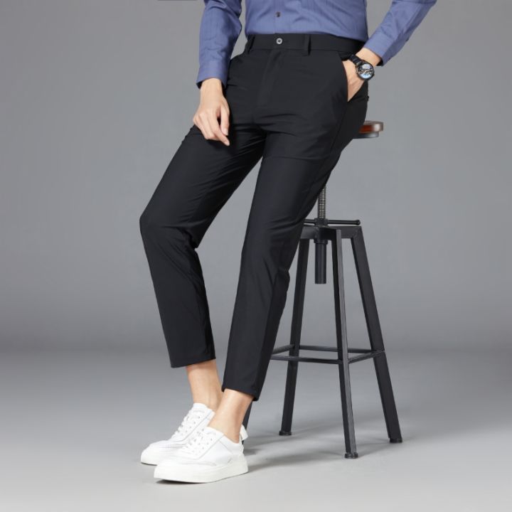 junpinmingbo-กางเกงทำงานขายาวผ้าไอซ์ซิลค์ระบายอากาศได้ดี-กางเกงยีนส์ผู้ชายเข้ารูปพอดีฤดูร้อนกางเกงทำงานธุรกิจยืดได้ผ้าวัยรุ่น