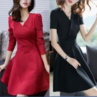 COD SDFGERTYTRRT Autumn Outfit Womens Temperament Dress Ol Bubble Sleeve Slim Dress black red