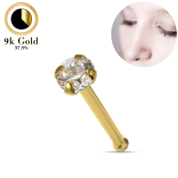 กระดูกจมูกทองคำ 9k, 22 ก. (0.6 มม.) ทรงกลมใส 1.5 มม., กุหลาบ, เขี้ยวอเมทิสต์อ่อน CZ - 9k gold nose bones, 22g (0.6mm) with a round 1.5mm clear, Rose, Light Amethyst prong set CZ stones