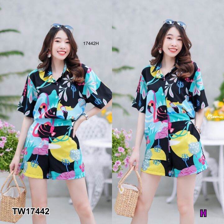 tw17442-set-2-ชิ้น-เสื้อเชิ้ตแขนสั้นพิมลาย-กางเกงขาสั้น