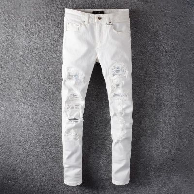 ┇❃✢ Fenye22ss กางเกงยีนส์แต่งขาดติดเพชรรีดร้อน INS กางเกงขาเดฟสีขาวแบรนด์ยอดนิยมแนวไฮสตรีทผ้ายืดเข้ารูปแมทช์ลุคง่าย