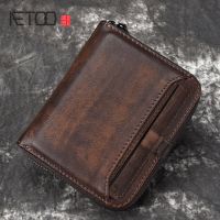 AETOO Wallet man short head layer cowhide money Clip Mens retro wallet vertical zipper casual Youth small wallet