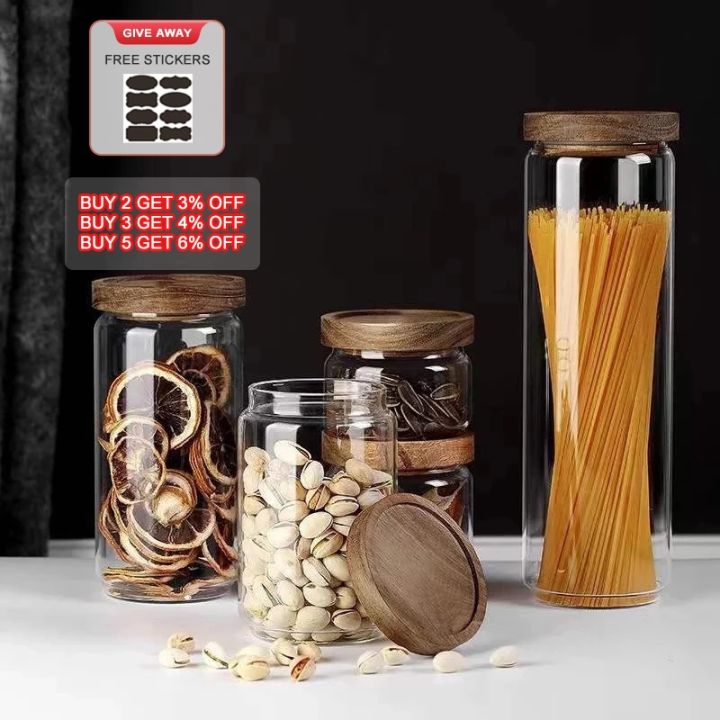 Wood Lid Glass jar Airtight Canister Food Container Tea Coffee Beans  Kitchen Storage Bottles Jar Sealed Grounds Candy Jar