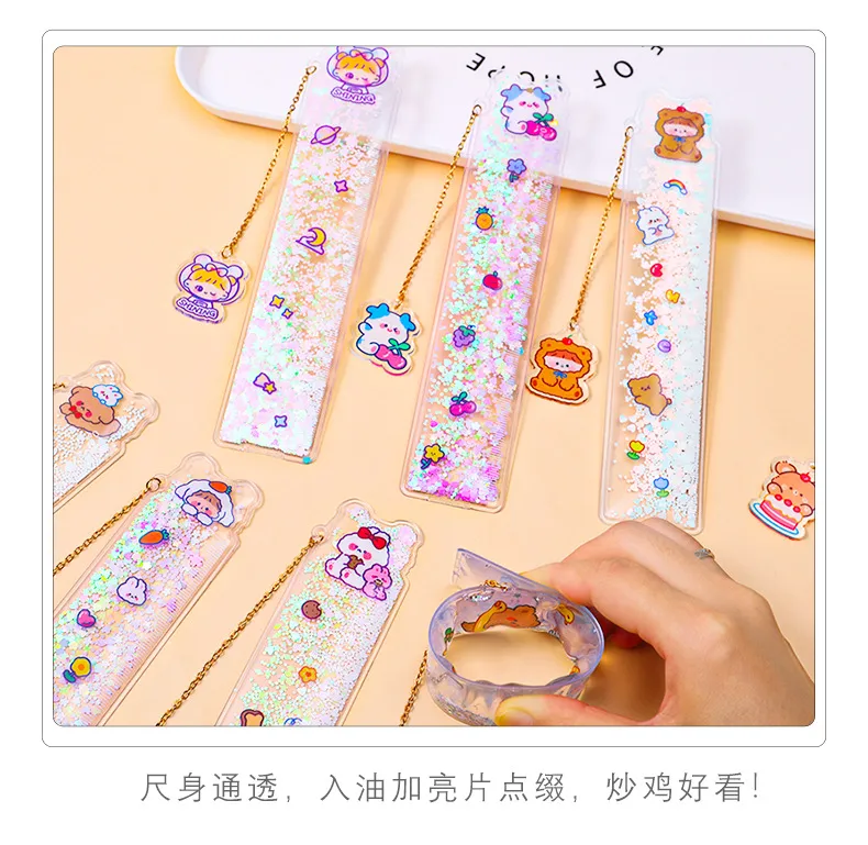 1PC Transparent Oil Quicksand Bookmark Ruler Cute Girl Ruler Cartoon  Multifunctional Student Stationery a Scale