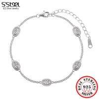 Ssteel Solid 925 Sterling Silver Geometric Oval Texture Zircon Bracelet Female Womens Vintage Statement Accessories Jewelry