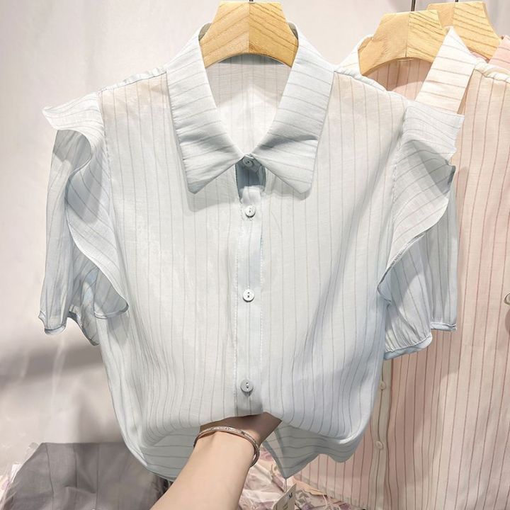 เสื้อเชิ้ตลายทางมีปกแนวตั้งสำหรับผู้หญิง-ใหม่2023เสื้อผ้าชีฟองปะติดผ้าระบายขอบสไตล์เกาหลีเทรนด์บางฤดูร้อน