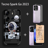 เคสสำหรับ Tecno Spark Go 2023ฟิล์มเซรามิก + ฝาครอบฟิล์มด้านหลัง + การ์ตูนแบรนด์อินเทรนด์อวกาศนักบินอวกาศเคสโทรศัพท์3in1ฝาครอบ TPU นุ่มกันกระแทก