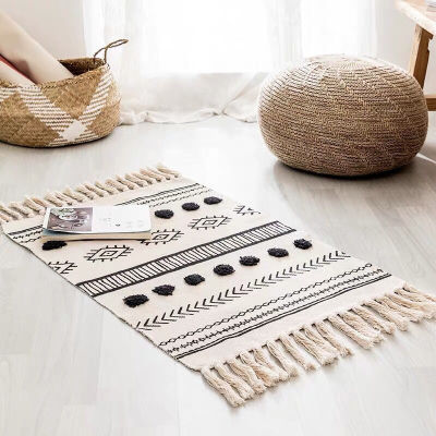 Wishstar Black White Carpet Cotton Linen Geometric Rug Nordic Ethnic Style Bedroom Floor Mat Hand Woven Tassel Carpet