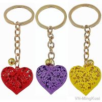 Metal Hollowed Out Heart Shape Keychain With Bell for Women Girl Car Key Holder Colorful Keyring Handbag Accessories