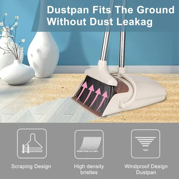 Broom and Dustpan SelfCleaning with Dustpan Teeth,, Tall Broom and