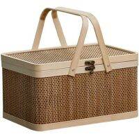 Natural -Friendly Woven Basket Bamboo Picnic Basket with Lid Handheld Snacks Bread Storage Basket