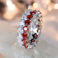 Double Row Bicolor Red White Zircon Love Heart Rings For Women Silver Color Luxury Crystal Wedding Bands Engagement Ring Jewelry