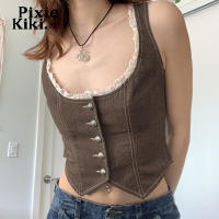 PixieKiki Retro Lace Patchwork Crop Top Y2k Aesthetic Fairy Core Grunge Irregular Hem Button Up Vest Womens Tank Tops P84-DE15