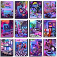 Neon Synthwave 80S Arcade Zone Dream โปสเตอร์ไวนิลบันทึกภาพวาดผ้าใบเกม Playroom Wall Art Cafe Club Room ตกแต่งบ้าน New