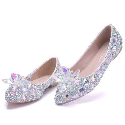 Luxurious color diamond pointed flats crystal flowers solitary shoes big yards single flat with big yards for womens shoes