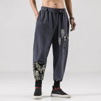 、’】【= Japanese Kimono Mens Samurai Clothing Ukiyo-E Print Belt Retro Harem Pants Loose Trousers Harajuku Street Hip-Hop Jogging Pants