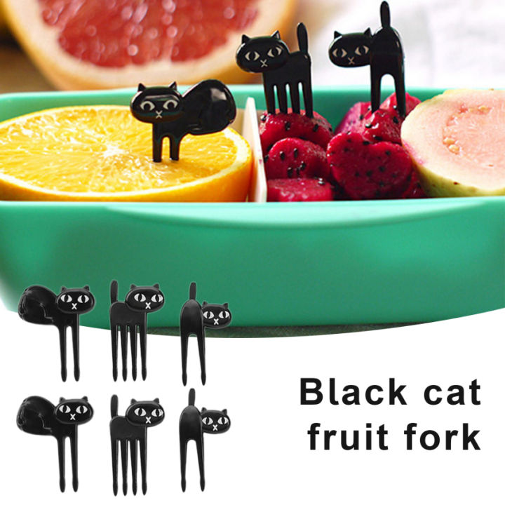 ในสต็อก-6ชิ้นมินิส้อมผลไม้คัดสรรสัตว์การ์ตูนน่ารักแมวส้อมเบนโตะอุปกรณ์ตกแต่งสีดำ