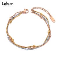 {Meet The Ornament} Lokaer สร้อยข้อมือไทเทเนียมสีทองสามสีสร้อยคอลายโซ่ประดับลูกปัดสไตล์โบฮีเมียนสามชั้นสำหรับ B21082ผู้หญิง