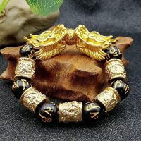 TIMESWIND 18K Gold Dragon Obsidian Sutra Crystal Wealth Beaded Men celet GEM