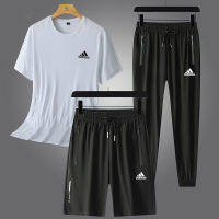 [L-8XL] Plus Size ADIDASeˉ MenS Sports Set New Casual T-shirt + Shorts +pants Three Piece Set Breathable Quick Dry Fitness Tracksuit