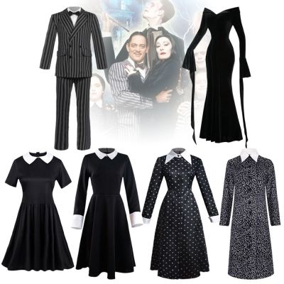 Wednesday Addams Family Cosplay Costume Addams Printing Dress Wigs Kids Women Vintage Gothic Gomez Suits Outfits Halloween