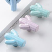 1Pc Ceramic Cactus Knob Children Room Kitchen Cabinet Door Hardware Cabinet Knobs Cute Drawer Knobs Light Blue Purple Green Door Hardware Locks