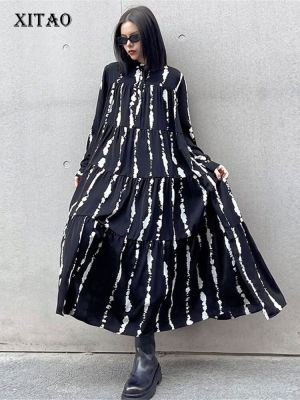 XITAO Dress Vintage Print Casual Women Striped Shirt Dress