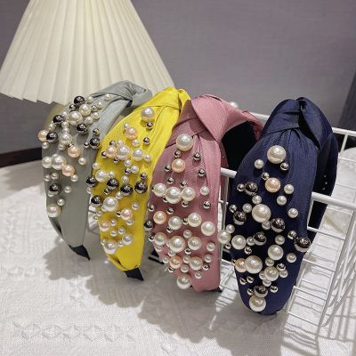 【YF】 New Fashion Full Nail Pearl Headband for Women Knotted Solid Color Face Wash Wide Brim Headwear Girls Hair Accessories