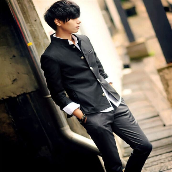 เสื้อเบลเซอร์กระดุมแถวเดียวแจ็คเก็ตเสื้อบางสีดำผู้ชาย-new2022ชุดนักเรียนญี่ปุ่น-jas-kuliah