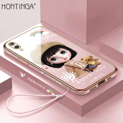 Hontinga เคสโทรศัพท์สำหรับ Huawei Y7 Pro 2019เคสแฟชั่นลายการ์ตูนน่ารักฝาปิดเต็มสี่เหลี่ยมทำจาก TPU นิ่มหรูหราสำหรับเด็กผู้หญิงเคสยางป้องกันกล้อ
