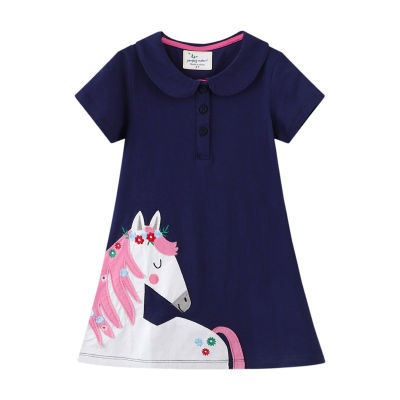 Jumping Meters New Arrival Summer Horse Embroidery Cotton Collar Dresses Princess Party Clothes Short Sleeve Dress
