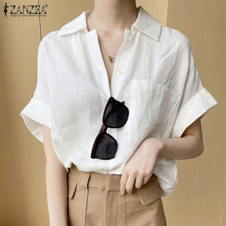 ZANZEA Korean Style Women Button Up Short Sleeve Shirt Summer Casual ...