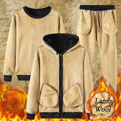 Winter Thick Warm Lamb Wool Tracksuit Men Hooded Running Sets Hoodies Jacket+Pants Casual Sweat Sportswear Jogging Suits