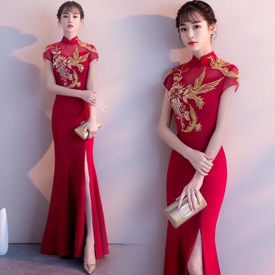 ชุดเดรสราตรีทรงหางปลาสีแดงสำหรับงานแต่งงานเจ้าสาวจีนชุดเดรสชุดเดรสตอนเย็นสำหรับผู้หญิงเด MZ418ขนมปังปิ้ง