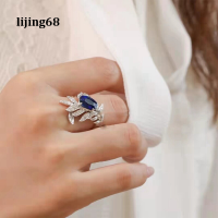 เรขาคณิตเปิดแหวนฝังสีฟ้า AAA ประดับเพชรที่สวยหรูใบปรับเครื่องประดับสำหรับผู้หญิงแหวนหมั้นงานแต่งงาน