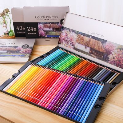 DELI ดินสอสี24-72ชุดดินสอสีกล่องเหล็กบรรจุของขวัญ Colou ดินสอสำหรับวาดภาพสี