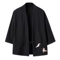 CODDian Zhen Chinese Style Kimono Cardigan Men Crane Printed Long Black Kimono Cardigan Men C