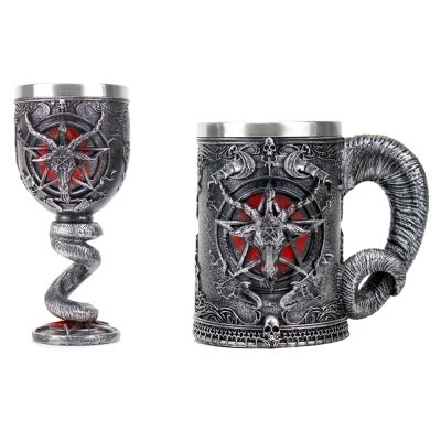 【High-end cups】 Baphomet Pentagram Horn Goblet แก้วไวน์ Gothic Wicca PaganTankard กาแฟแก้วเบียร์600Ml 200Ml Mystic WiccaGift