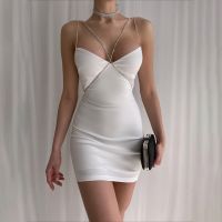 Sexy Womens Summer Skinny Sling Dress Solid Color Sleeveless Backless Chain Clubwear Dress Holiday Streetwear Fashion S M L