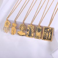 Punk Style 304 Stainless Steel Tarot Curb Link Chain Necklace Gold Color Rectangle Charms Necklace Women Men Party Jewelry1PC